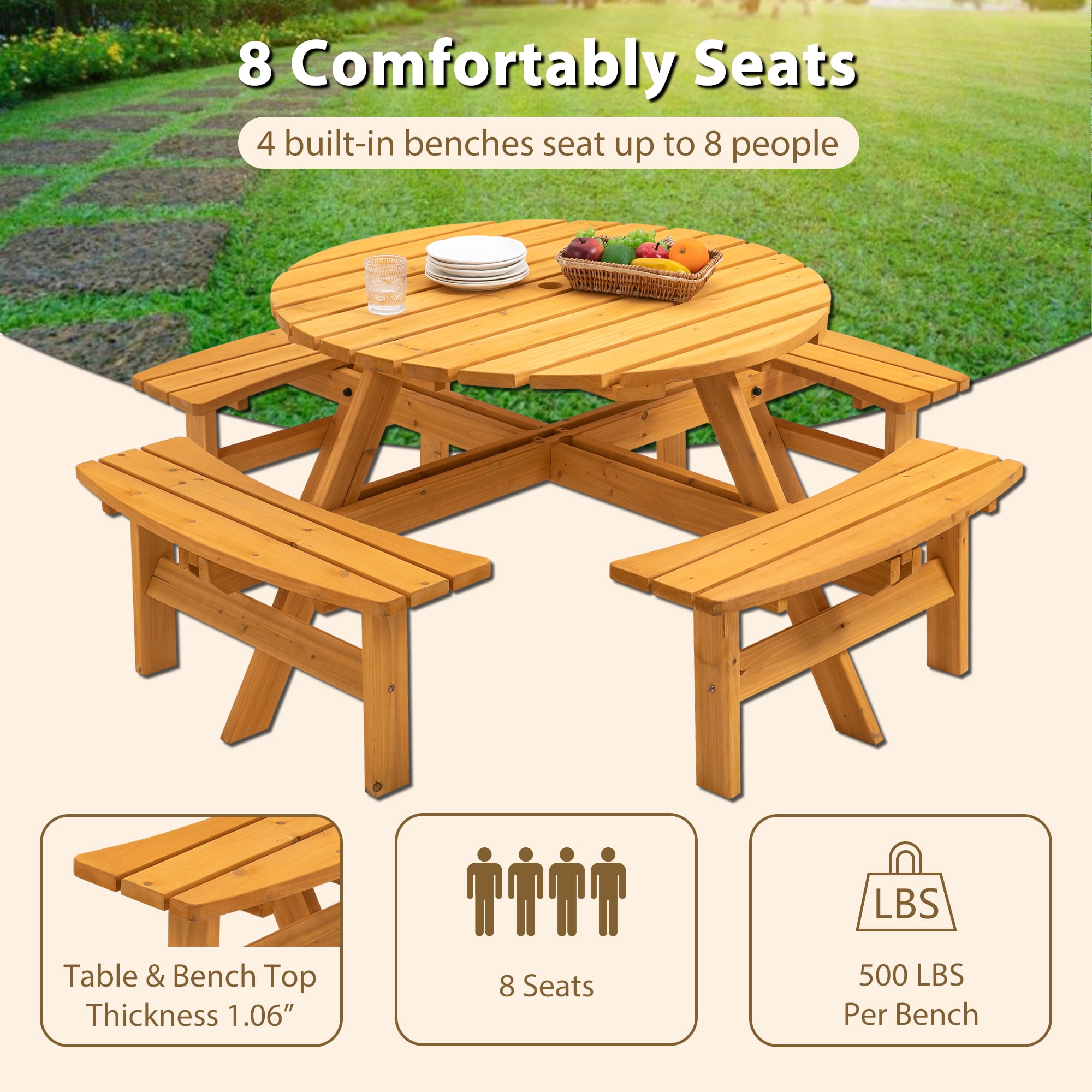 8‑Person Solid Fir Wood Round Picnic Table with 4 Built‑in Curved Benches, Outdoor Patio Dining Table with 2” Umbrella Hole, 2220lb Total Capacity, Natural Finish