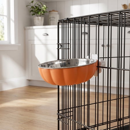 Crate Dog Bowl Removable Stainless Steel Pet Cage Bowl Hanging Food & Water Feeder Coop Cup for Cat Puppy Ferret Birds Guinea Pigs(Orange)