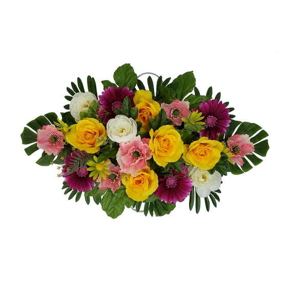 Mainstays 27.5in Outdoor Artificial Floral Headstone Saddle, Poppy & Rose Flowers, Yellow and Pink.
