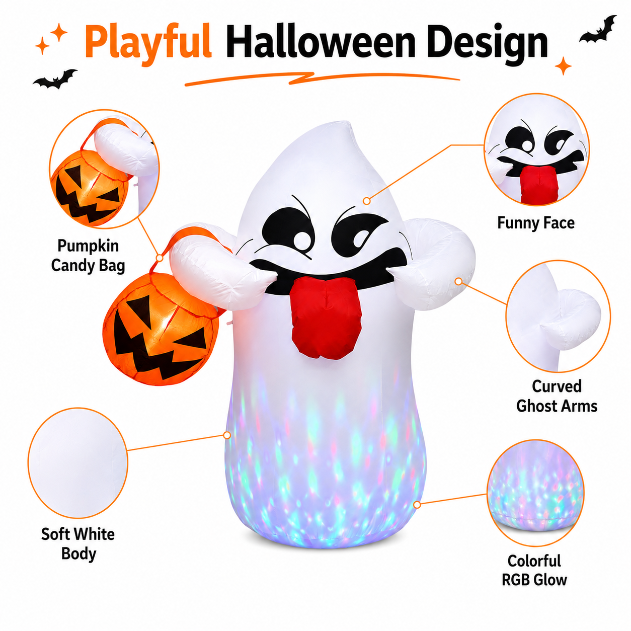 Beeprincess 5 Ft Halloween Inflatable Ghost with Pumpkin, RGB LED Lights photo 5