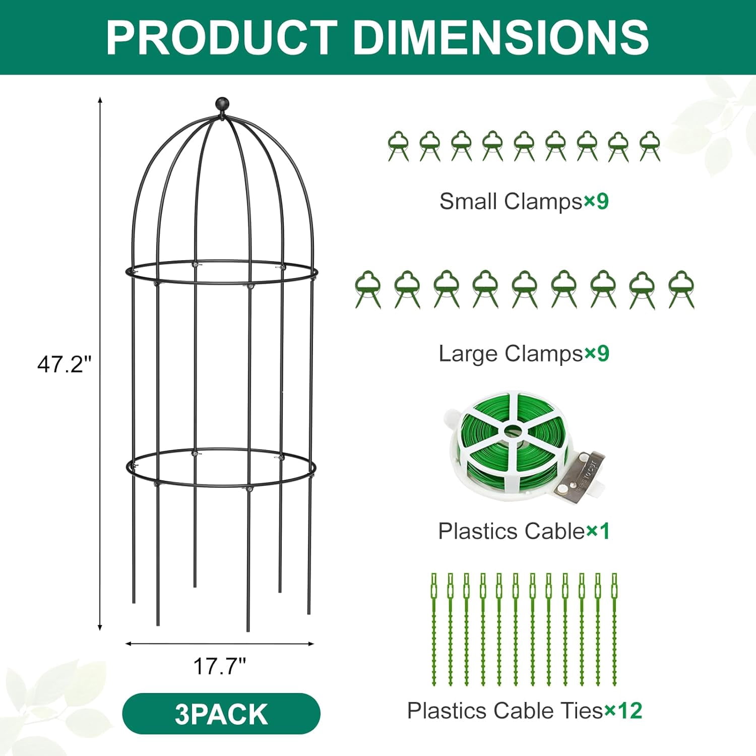 ABORON 3 Pack Garden Trellis for Climbing Plants, 17.7" x 47.2" Metal Rustproof Black Peony Cage, Outdoor Indoor Flowers Potted Obelisk Trellis for Cucumber Vine Lily Rose Plant Support