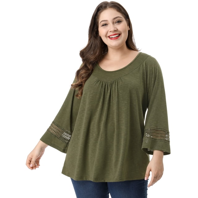GRACE & GRANDEUR Hauts Décontractés Unis à Manches Raglan pour Femmes Grande Taille Vert 3X