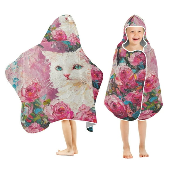 BZSMCE Towels Kids Hooded Beach Towel Cat Surrounded by Rose Pool Bath Towel Soft