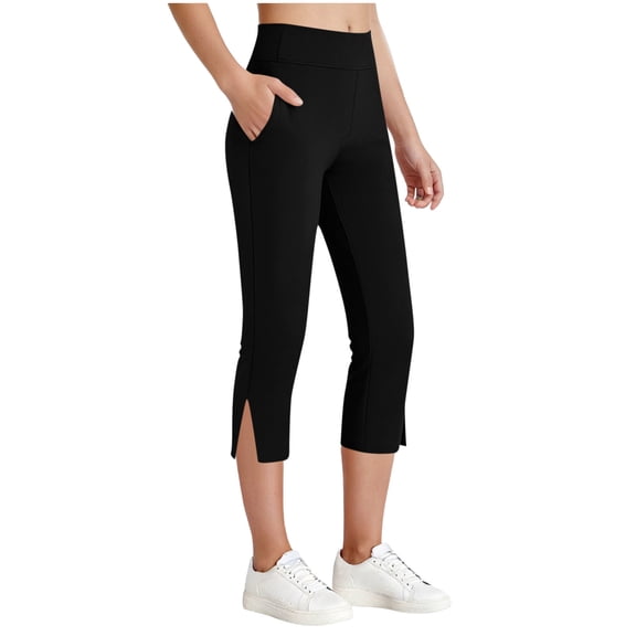 LJEFF Girls Split Capri Leggings with Poket, Soft Highly Elastic Tummy Control Stretch Workout & Casual Pants for Womens Black Size 11-12T