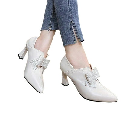

Eloshman Women Solid Slip On Fashion Shoe Work Lightweight Knot High Heels Comfort Rhinestones Pumps Beige 7.5