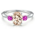thumbnail image 3 of Gem Stone King 10K White Gold Peach Morganite and Pink Sapphire 3-Stone Ring for Women | 1.27 Cttw | Oval 8X6MM | Gemstone October Birthstone | Size 5, 3 of 6