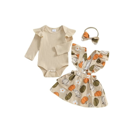 

Mubineo 2-Piece Baby Girls Set Ribbed Long Sleeve Romper Ruffled Trim Overalls Skirt Bow Headband Adorable Outfits