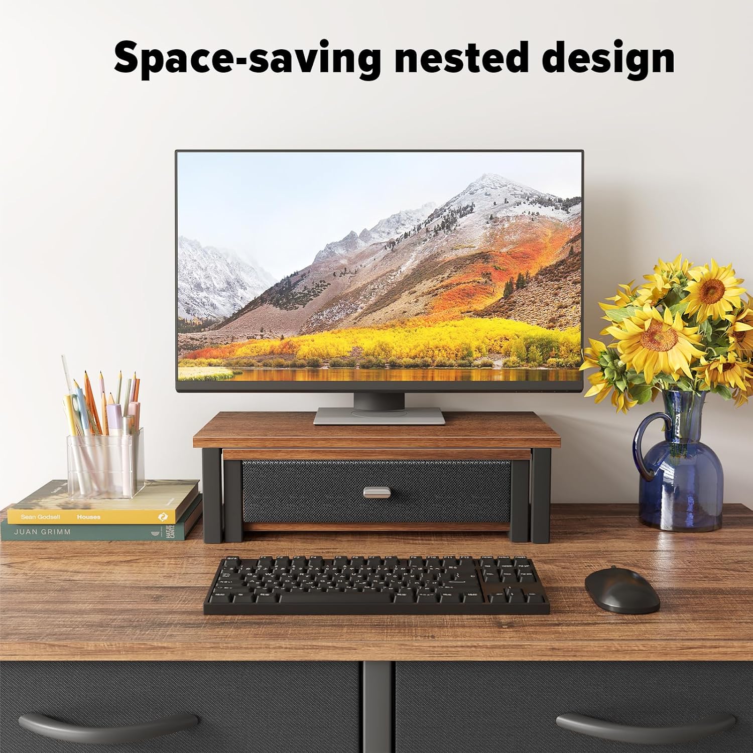 Dual Monitor Stand Riser with Drawer - Ergonomic Desktop Organizer for 2 Monitors, Computer Laptop Storage Shelf, Walnut Finish