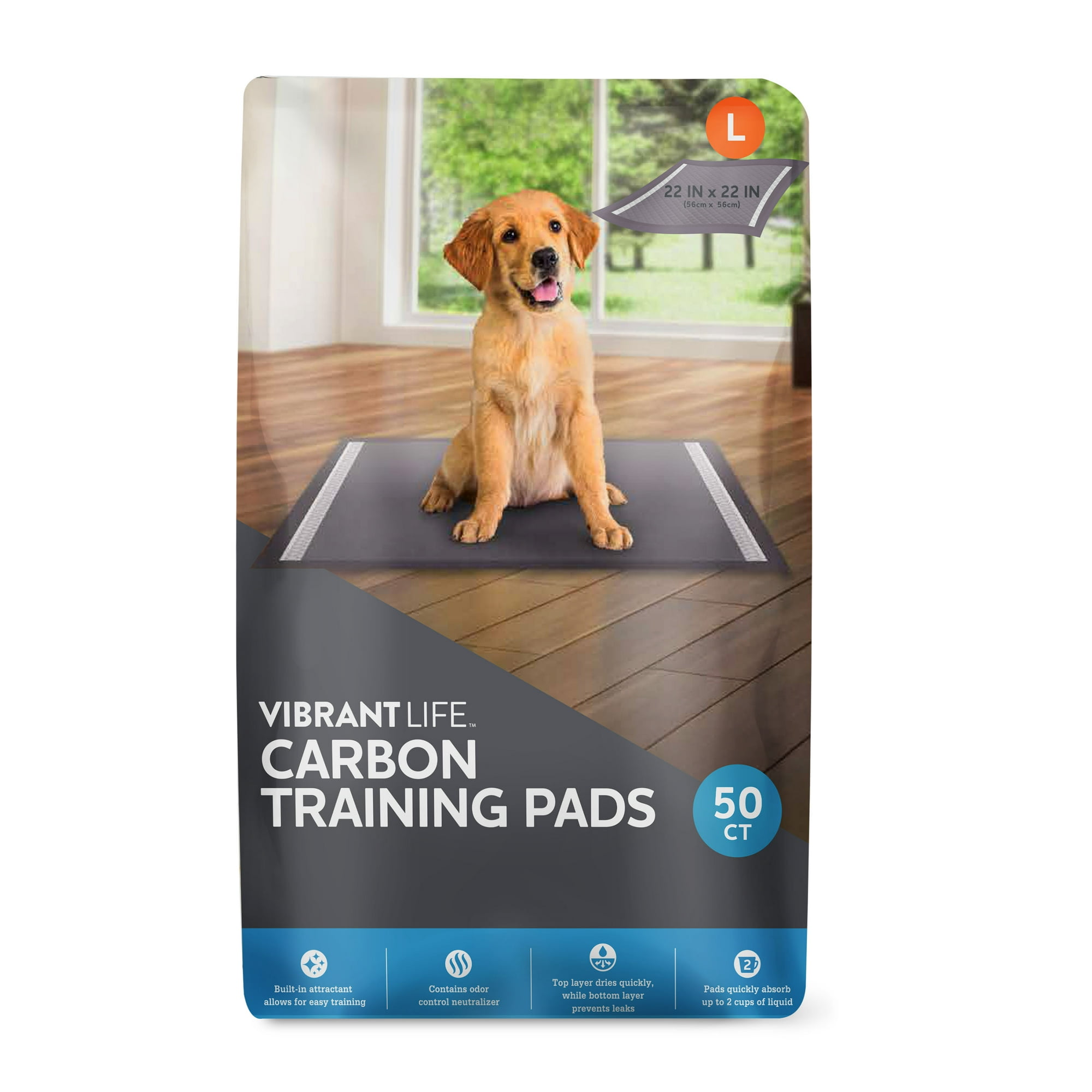 Vibrant Life Charcoal Large Training Pads, Odor Control, Super Absorbent, Leak Proof, & Fast Dry Dog and Puppy Pee Pads, 22 in x 22 in, 50 Count
