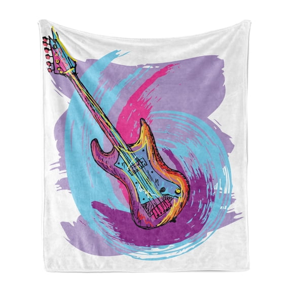 Music Soft Flannel Fleece Throw Blanket, Illustration of Electric Guitar Modern Musical, Cozy Plush for Indoor and Outdoor Use, 70" x 90", Lavender Magenta, by Ambesonne