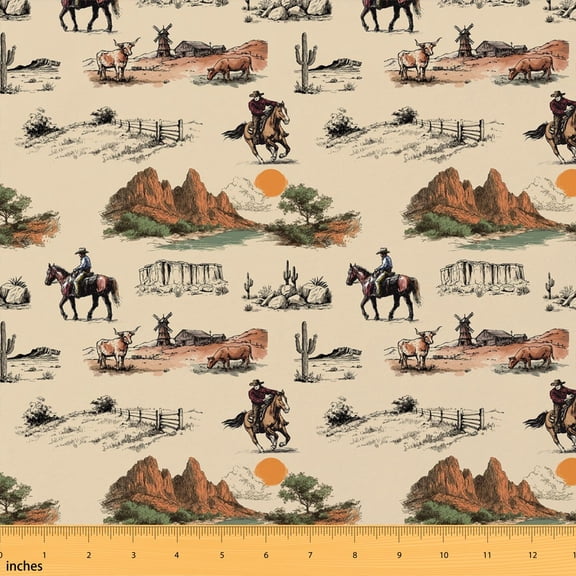 Manfei Vintage Cowboy Fabric by the Yard 1 Yard, Retro Cottage Home Decor Fabric by the Yard, Cream Multicolor
