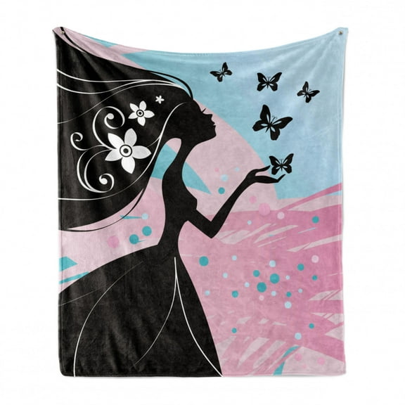Spring Soft Flannel Fleece Blanket, Silhouette of Madam Butterfly Floral Head in Soft Background Artwork, Cozy Plush for Indoor and Outdoor Use, 60" x 80", Black Pale Pink Sky Blue, by Ambesonne