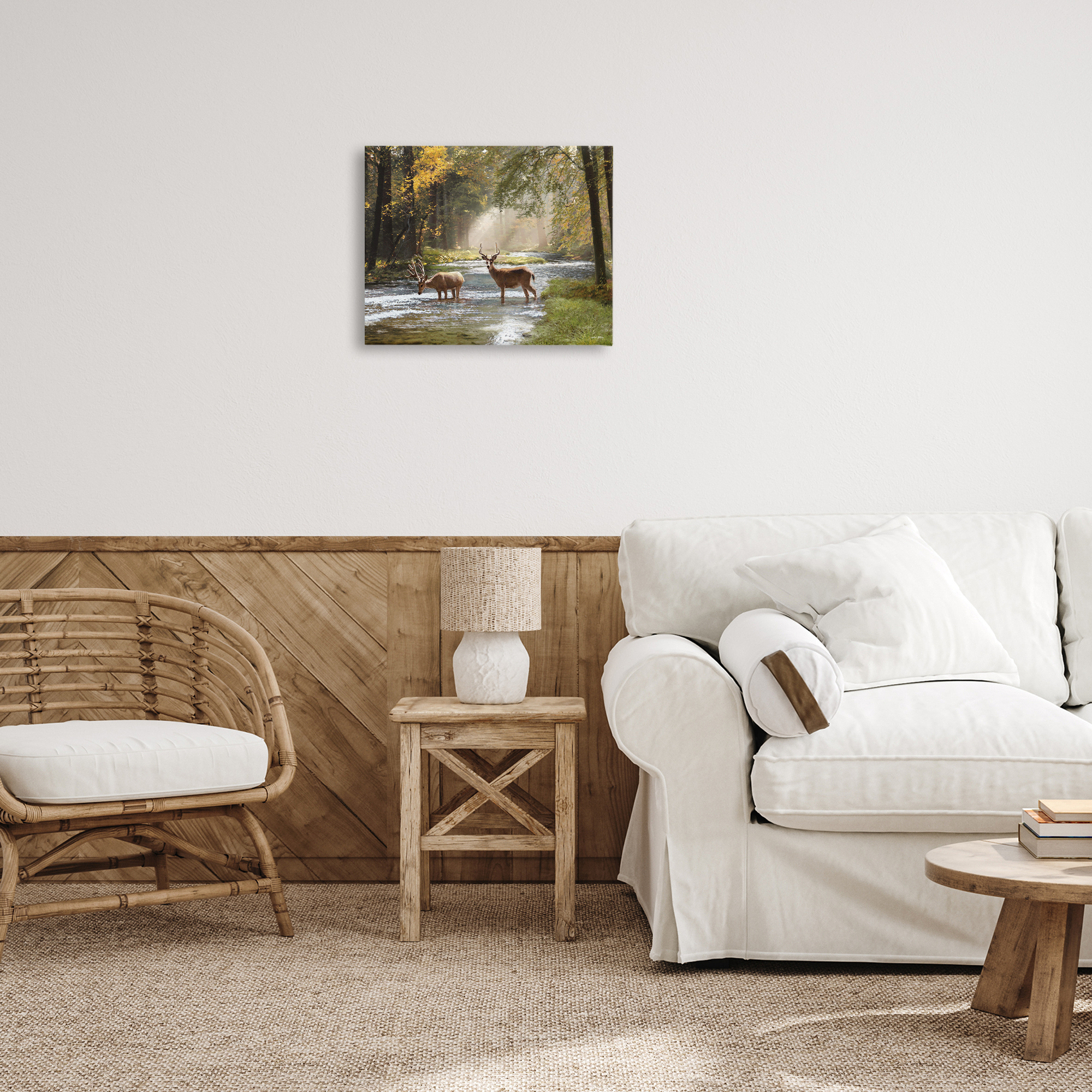 Stupell Industries Deer Grazing in Creek Landscape Painting Gallery Wrapped Canvas Art Print Wall Art, 20 x 16