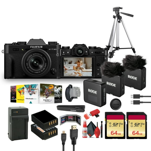 FUJIFILM X-T30 III Mirrorless Camera with 13-33mm f/3.5-6.3 Lens (Black) Bundle With RODE Wireless GO (Gen 3) 2-Person Compact Microphone   64GB Memory Card   Tripod 72 INCH   Cleaning Kit   More