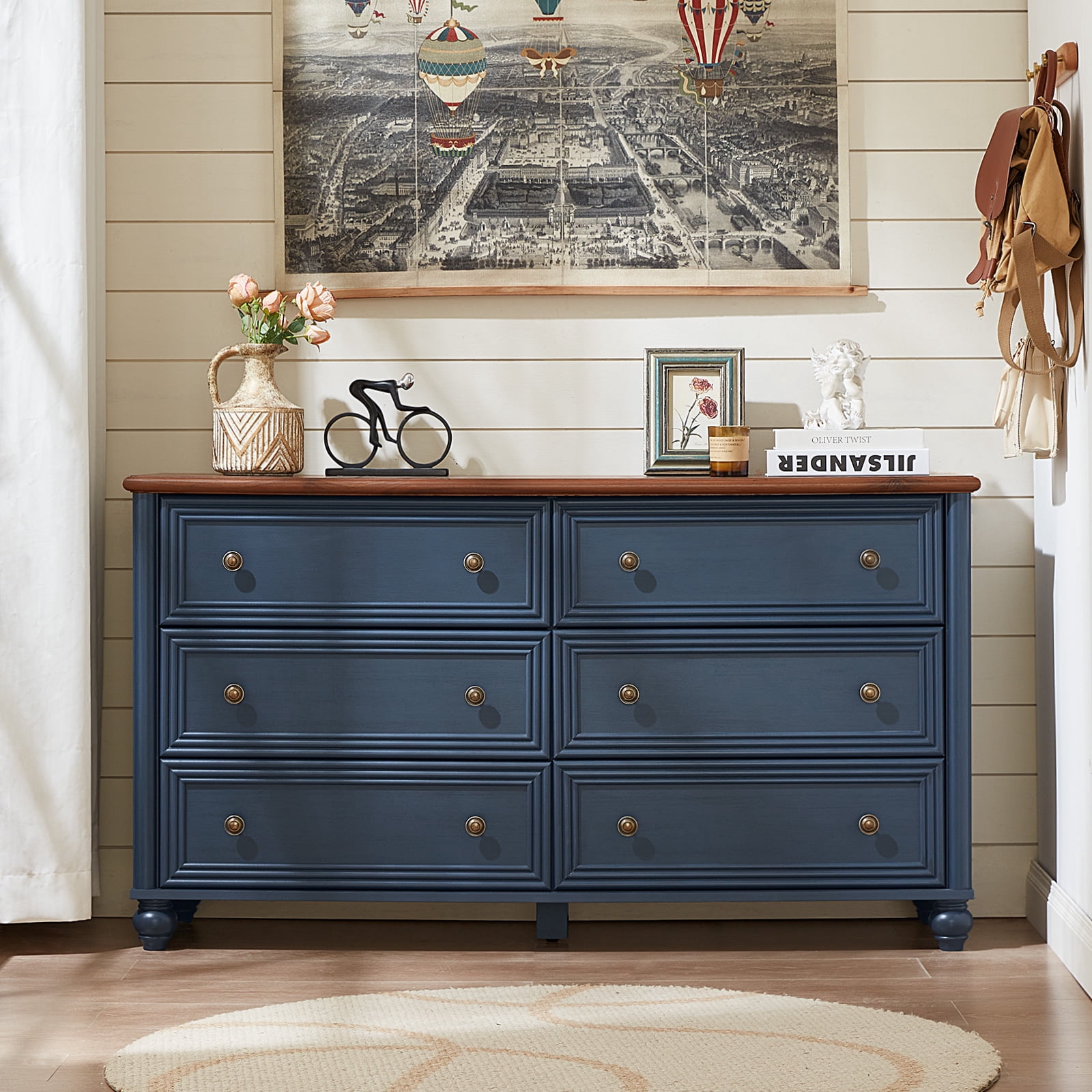 LELELINKY Rustic Modern Chest of 6 Drawers, 54" Extra Wide Double Dresser for Master Bedroom, Nursery Dresser Organizer Closet for Living Room