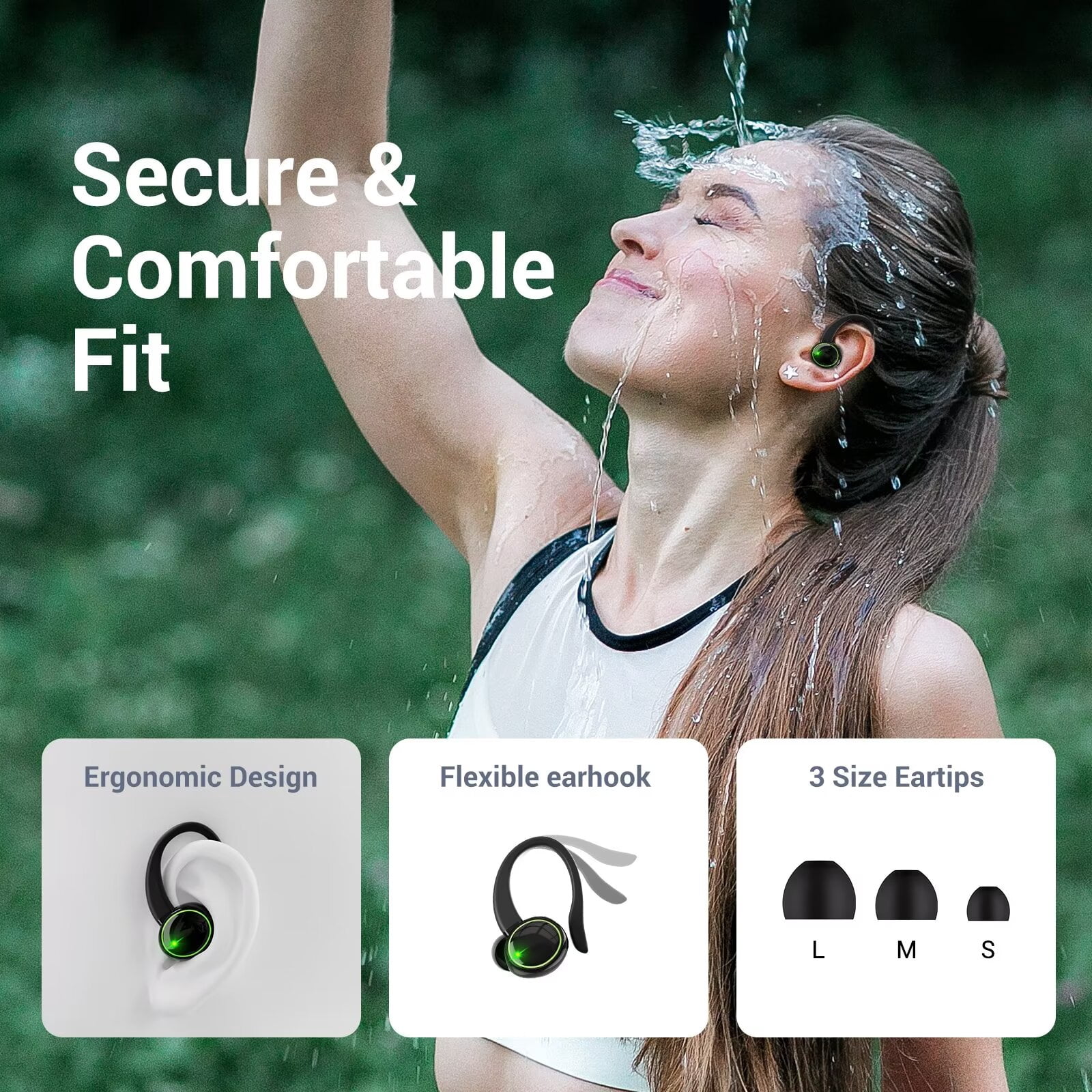 Wireless Earbud for iPhone,Android Bluetooth Headphones 48hrs Playtime Waterproof IPX8 Noise Cancelling Bluetooth Headset In-Ear Earbuds with Ear Hooks and Charging Case