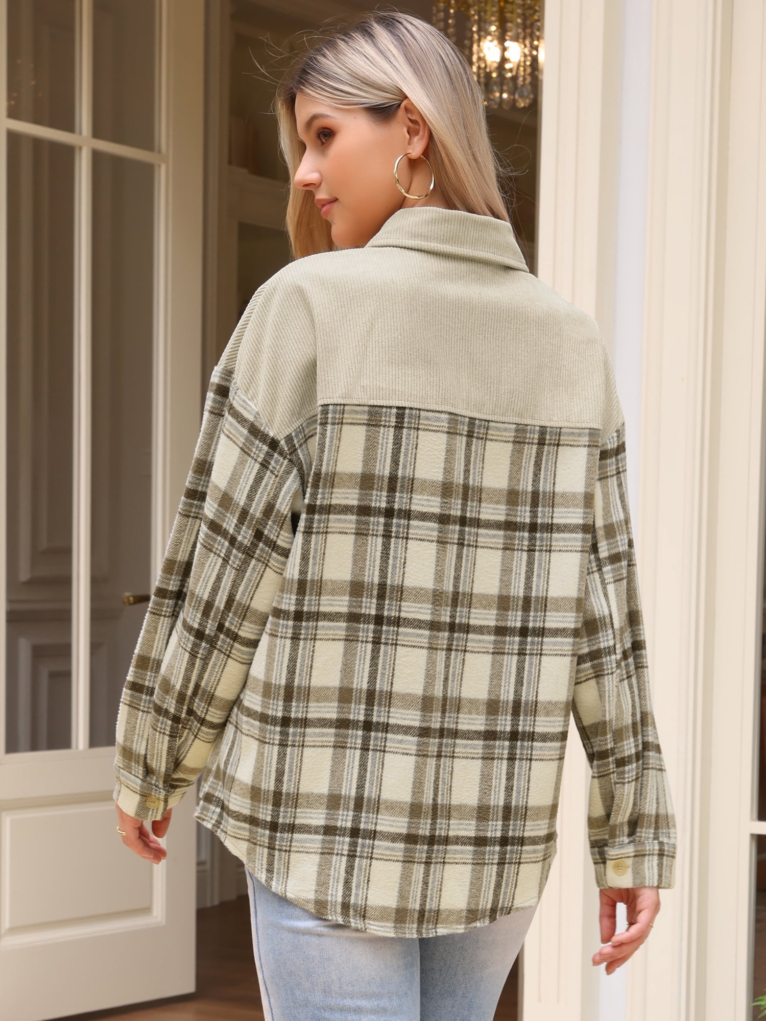 DARING DIVA Button Down Color Block Corduroy Long Sleeve Plaid Shirt M Apricot