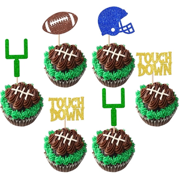 Glitter Football Cupcake Toppers, Touchdown, Helmet, Goal Post Picks, Sports Theme Party Decorations, 12 Pack
