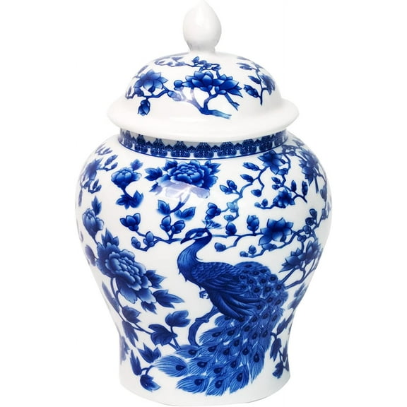 Ancient Chinese Style Blue and White Porcelain Helmet-shaped Temple Jar. Peacock Larger
