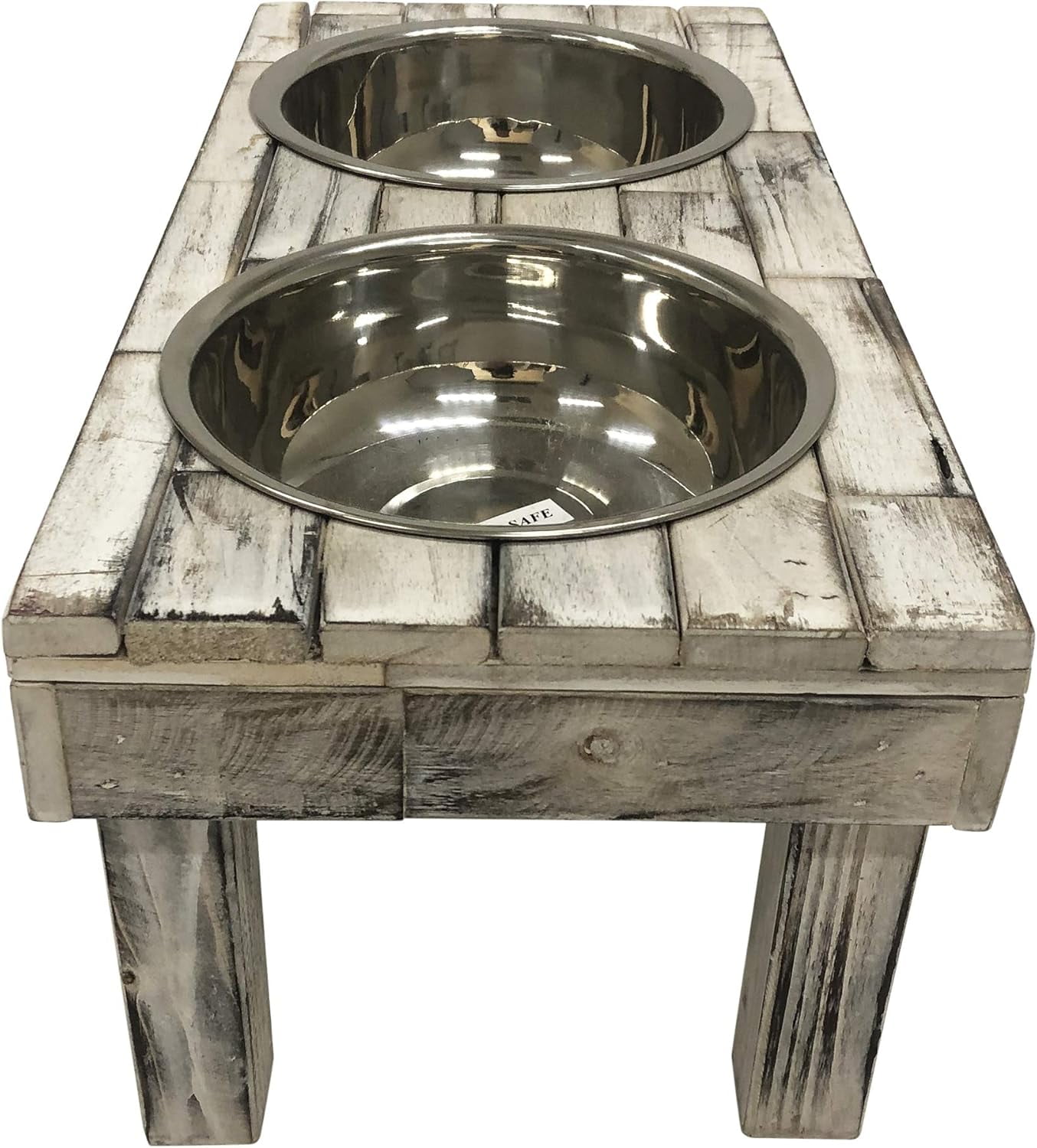 Huntley Pet Berjen Table Elevated Double Bowl Feeder, White Wash (Large)