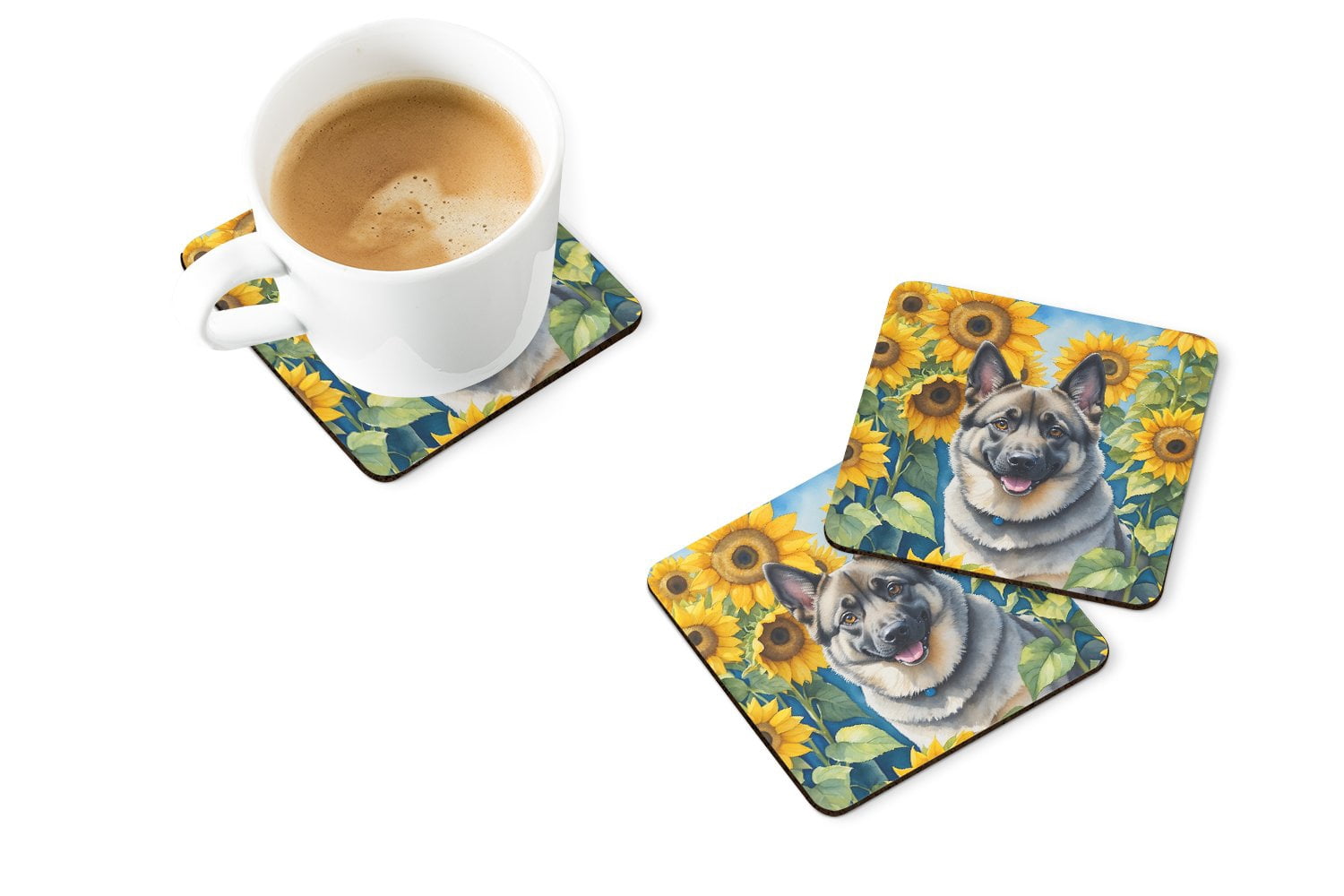 Norwegian Elkhound in Sunflowers Foam Coasters 3.5 in x 3.5 in