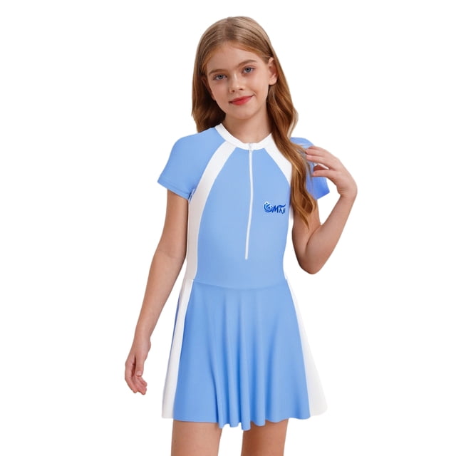Moggemol Maillot de Bain à Manches Courtes pour Filles, Robe de Plage, Bleu 130/M