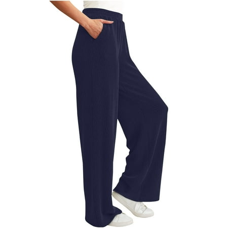 miqiqism Clearance！Women Straight Leg Pants Loose High Waisted Trousers Ribber Knit Loungewear Palazzo Pants Long Slack Sports Athletic Outfits,Dark Blue,XX-Large