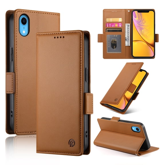 Compatible with iPhone XR Wallet Case, Classic PU Leather Flip Folio Case with Card Holders Kickstand [Shockproof TPU Inner Shell] Phone Cover for iPhone XR, Brown