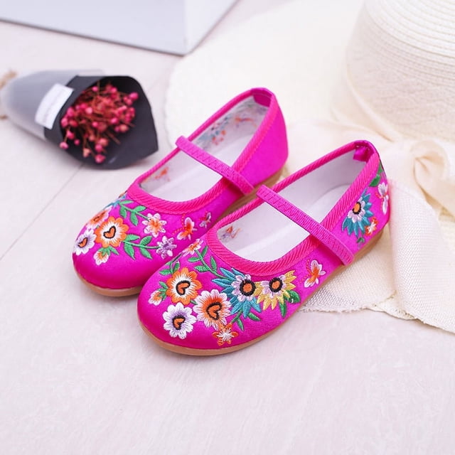 Zapatos de tela de fondo de baile para niñas, suela de cuero suave para niños, zapatos de baile étnicos bordados de estilo tradicional chino