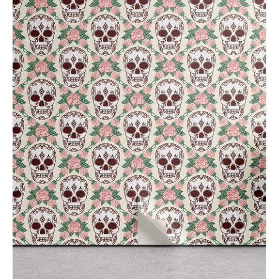 Ambesonne Skull Peel & Stick Wallpaper for Home, Talavera Flowers Damask Plot, 13"x36", Soft Pink Jade Green