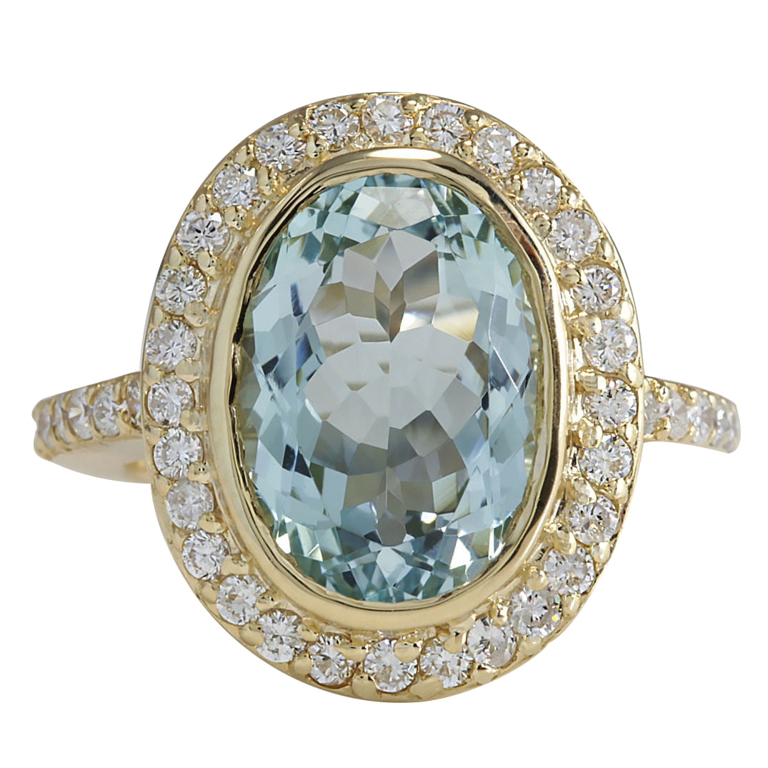 6.35CTW Natural Aquamarine And Diamond Ring In 14K Solid Yellow Gold by