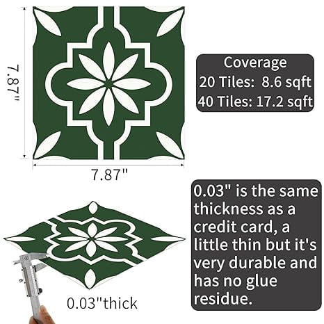 MORCART Peel and Stick Floor Tile, Vinyl Flooring Waterproof, DIY Flooring for Bathroom, Kitchen, Fireplace, Pet House, Stairs, Bedrooms, Wall (20PCS,7.87" x 7.87",Dark green+white)
