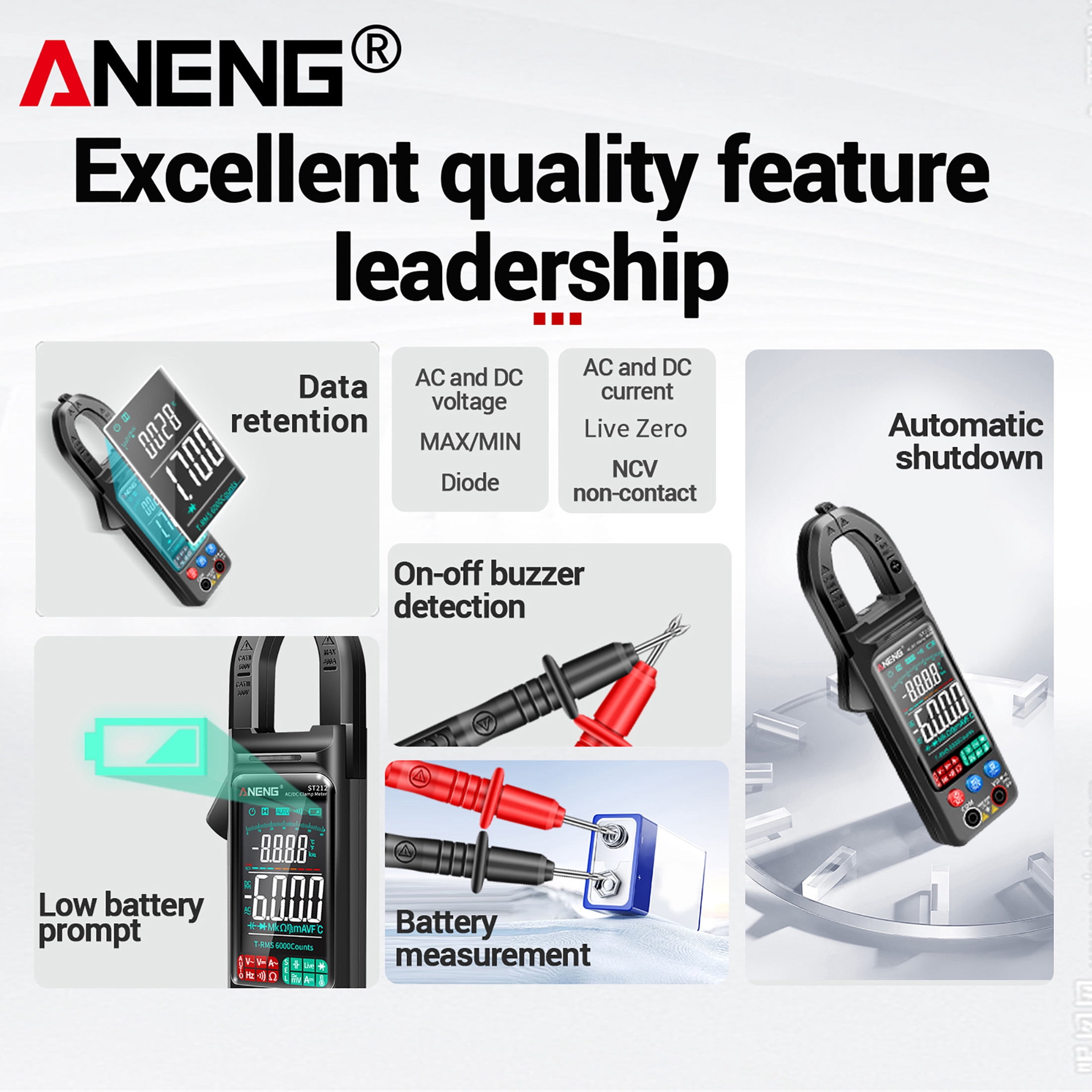 Aneng ST212 Intelligent Digital Clamp Multimeter, 400A AC/DC Voltage Current Meter with NCV & Resistance Test