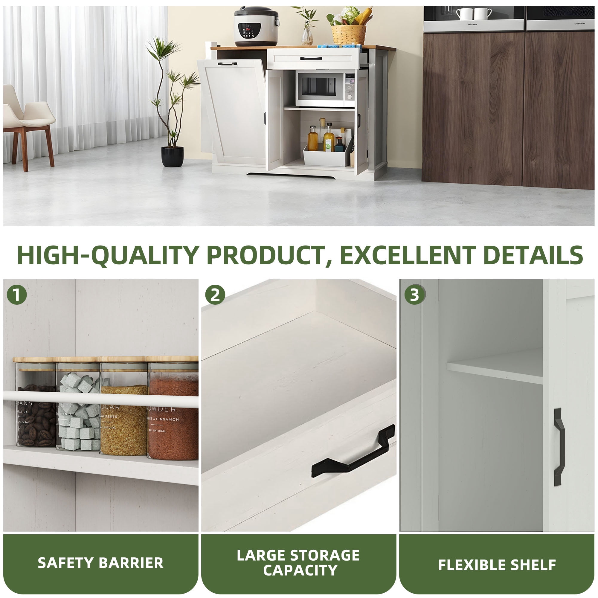 Uforic Kitchen Island Table with Drop Leaf & Wheels, Kitchen Island Cart with Trash Storage, White