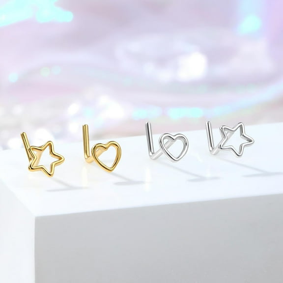 925 Sterling Silver Nose Stud L-Shape 20G 7MM Gold Silver Heart Star Shape Piercing Jewelry