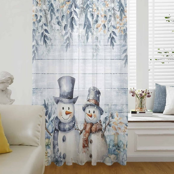 Blue Snowman Christmas Semi Sheer Curtains Drapes for Living Room,Bedroom,French Doors Window 108 Inches Long,Vintage Botanical Xmas Snowflake Rod Pocket Chiffon Curtain Voile Drapery Panel