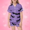 thumbnail image 2 of Weebloom Halloween Pajamas For Toddler Girls Cute Bat Print Soft Kids Short Sleeve Button Down Shirt And Shorts Two Piece Outfit Sleepwear Nightwear Pjs Loungewear Light Purple 4-5 Years, 2 of 7