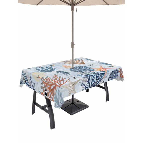 Outdoor Tablecloth with Umbrella Hole for Patio/Picnic/Party/Camping, Blue Coastal Waterproof Table Cloth Rectangle Table Cover Washable, Coral Shell Starfish Seahorse Summer Beach (60"x 84")