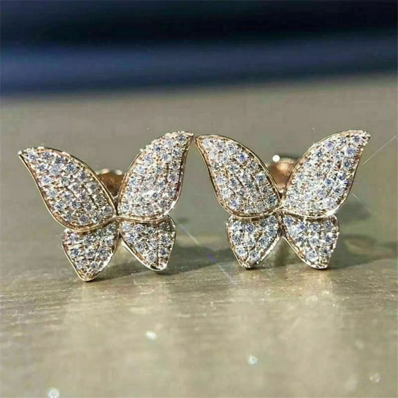 Butterfly Stud Earring 2.20Ct Round Cut Simulated Diamond 14k Yellow Gold Plated