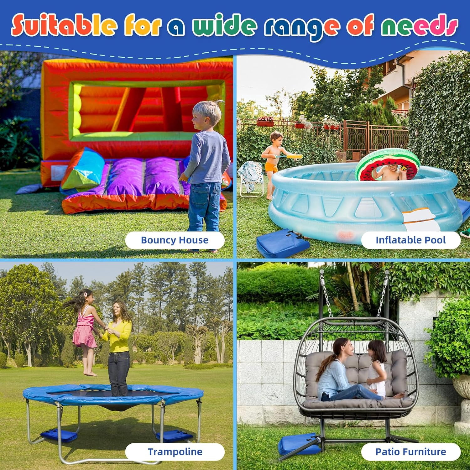 Vinyl SandBags with Handle, Bounce House Sand Bags, Suitable for Fixed Inflatable Trampolines, Inflatable Water Slide, Canopies and Tents(Each Weight Capacity 55 Pound, 4 Pack, Blue)