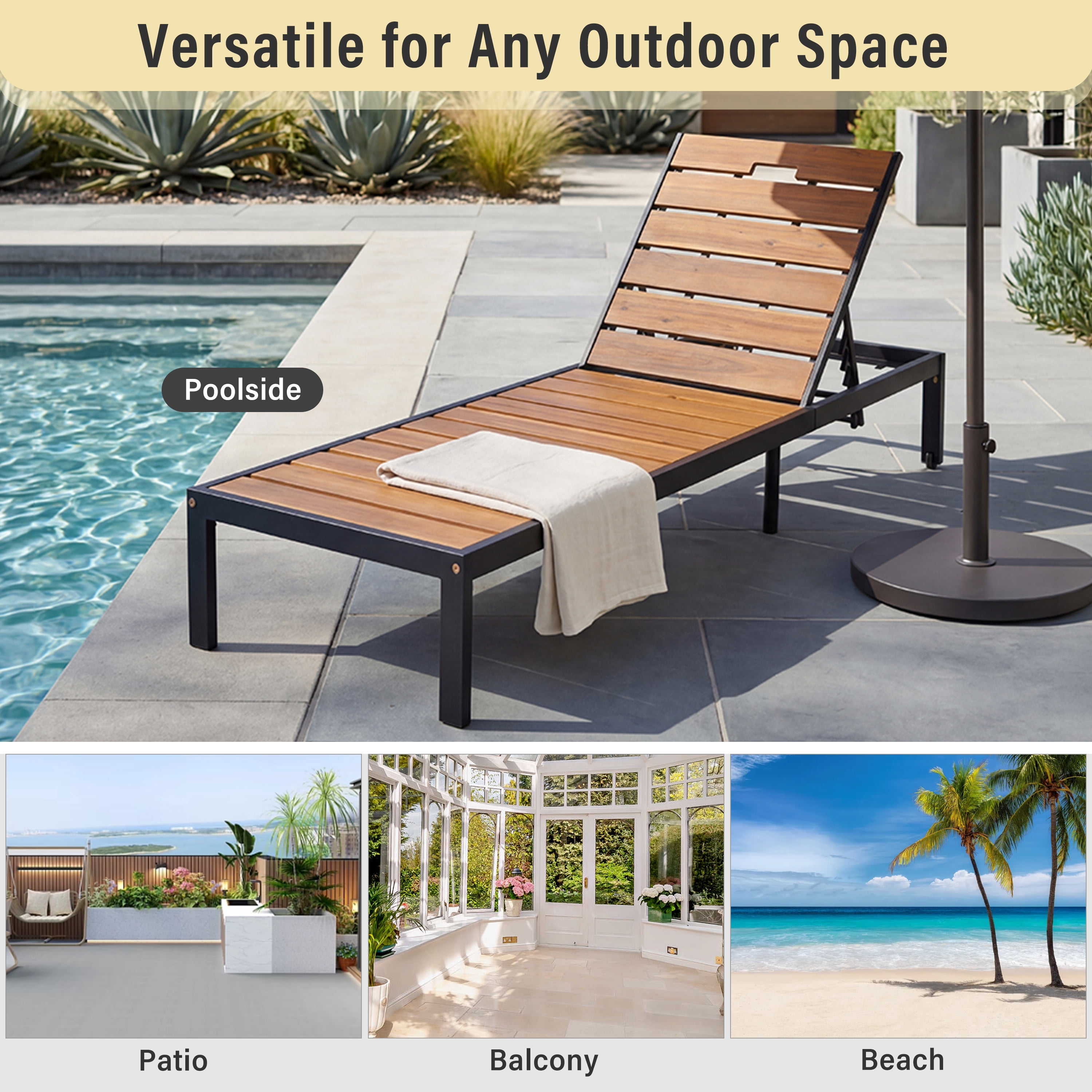 Poolside Chaise Lounge Set, Outdoor Recliner Daybed for Patio Poolside, Black and Natural