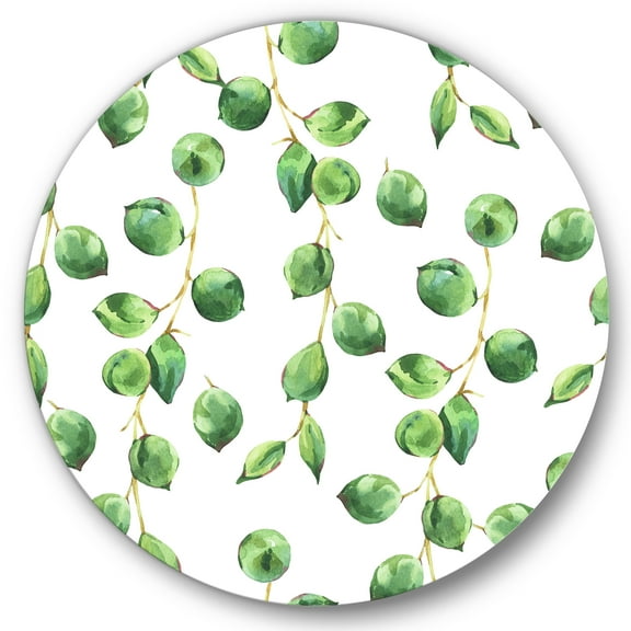 Designart 'Tropical Green Leaves Patern On White' Tropical Circle Metal Wall Art 36x36 - Disc of 36