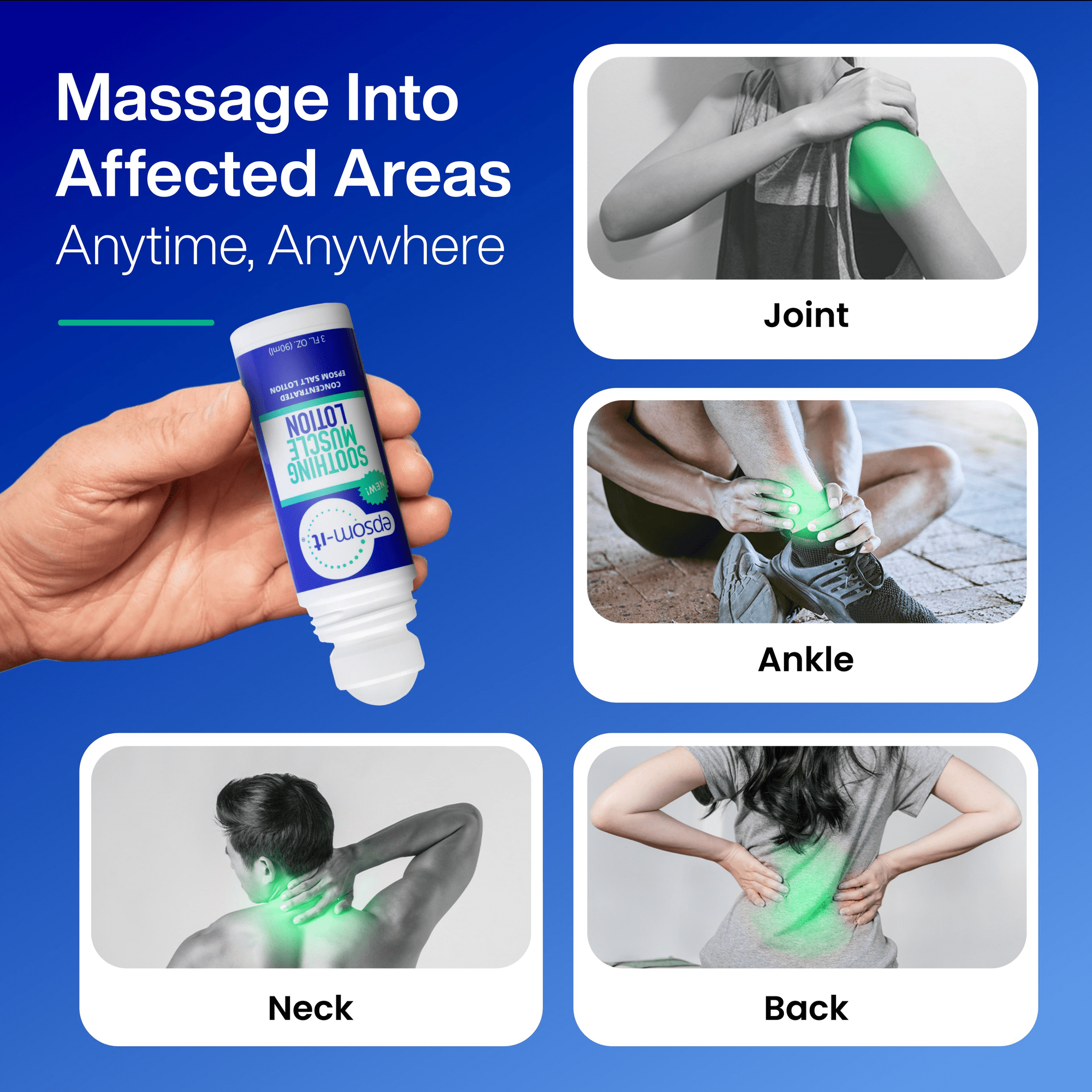 Soothing Muscle Lotion Rollerball 2 pack Epsom salt lotion fortified with Arnica. Two 3 Fl Oz Rollerball Soothes Muscle Discomfort.