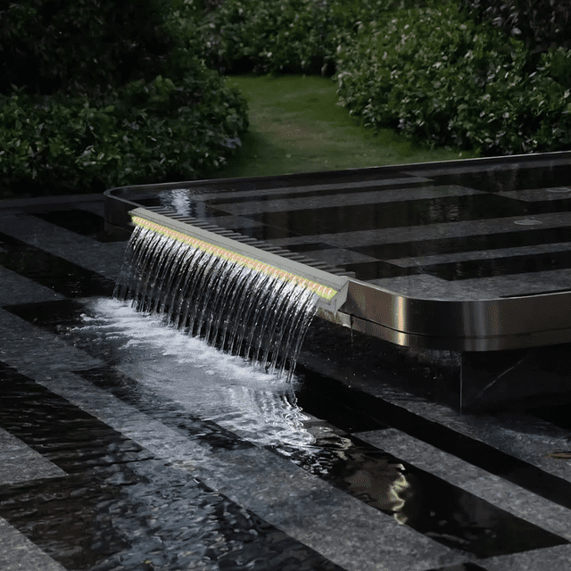 Stainless Steel Pool Fountain – 24" LED Waterfall Spillway – Rectangular Remote-Controlled – Outdoor Garden & Indoor Pools – Above Ground Use