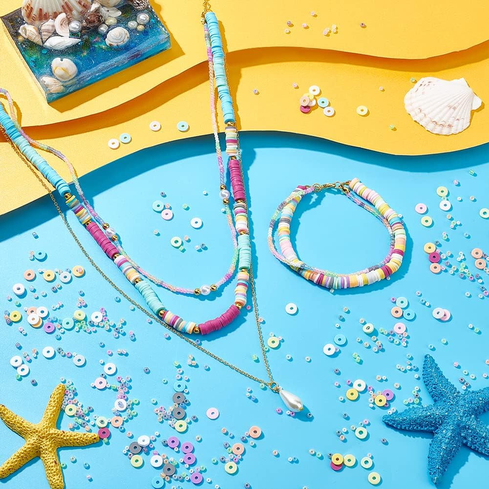 PH 11360~12480pcs Craft Beads Kit 2mm Glass Seed Beads 16 Colors Mini Pony Beads 6mm Polymer Clay Beads 16 Colors Heishi Beads Small Craft Beads for Bracelet Necklace Jewelry Making Colorful