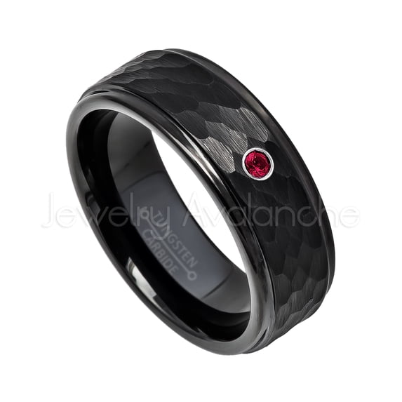Hammered Black Tungsten Ring - 0.07ct Solitaire Ruby Ring - Personalized Tungsten Wedding Ring - Custom Made July Birthstone Ring TN614BS