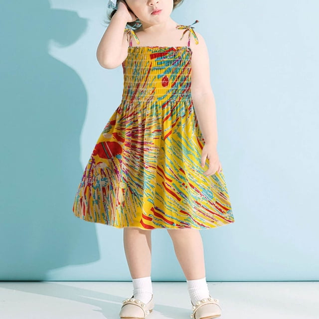Robes d'Été pour Tout-Petits Filles Robe Évasée à Volants Robe Fille Bretelles Spaghetti Robes Dinosaure pour Filles Robe d'Anniversaire Filles