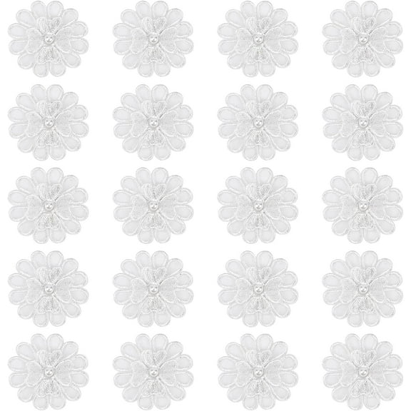 20Pcs White Embroidery Flowers Sew On Patches 3D 12-Petal 2 Layers Lace Flower with Imitation Pearl Lace Embroidered Appliques DIY Sewing Crafts