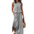 thumbnail image 2 of Women's Crew Neck Sleeveless Elastic Waist Slit Maxi Dress Gray XXL, 2 of 6