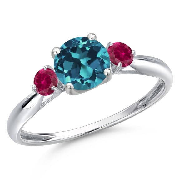 Gem Stone King 10K White Gold London Blue Topaz and Red Created Ruby 3-Stone Ring for Women | 1.38 Cttw | Round 6MM | Gemstone November Birthstone | Size 7